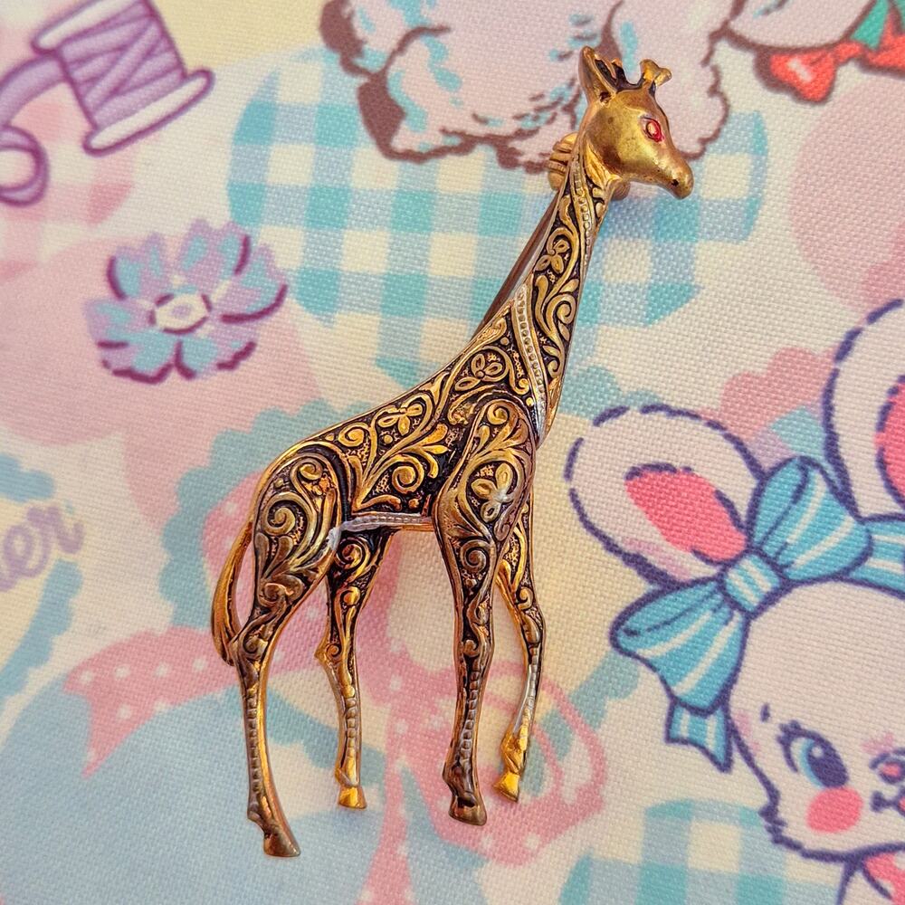 Vintage Spanish Giraffe Brooch Ornate Gold Silver Tone Red Eye